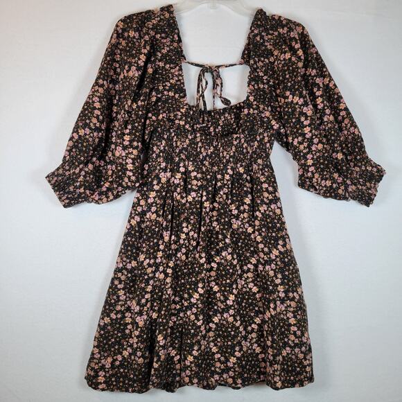 Free People Womens This Is Everything Floral Smocked Mini Dress Size Small Black - Picture 13 of 15
